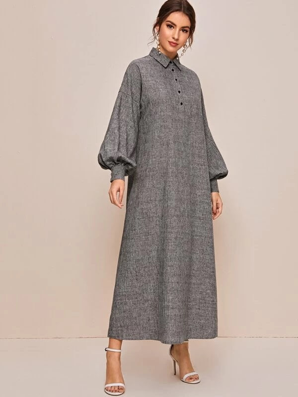 CM-DS219016 Women Casual Seoul Style Lantern Sleeve Linen Look Maxi Shirt Dress - Gray