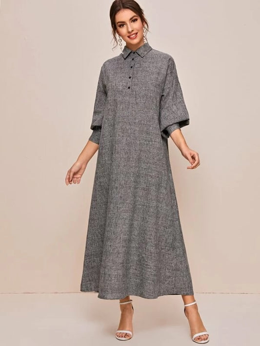 CM-DS219016 Women Casual Seoul Style Lantern Sleeve Linen Look Maxi Shirt Dress - Gray