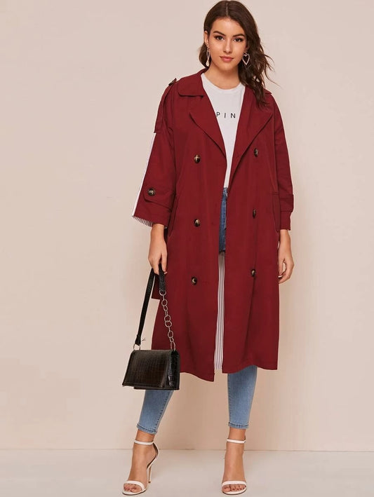 CM-CS227113 Women Elegant Seoul Style Long Sleeve Double Breasted Striped Button Front Trench Coat