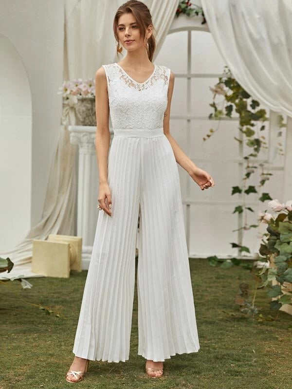 CM-JS227713 Women Elegant Seoul Style Sleeveless Contrast Lace Pleated Wide Leg Jumpsuit - White
