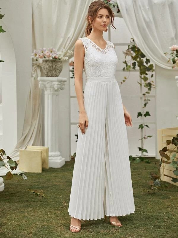 CM-JS227713 Women Elegant Seoul Style Sleeveless Contrast Lace Pleated Wide Leg Jumpsuit - White