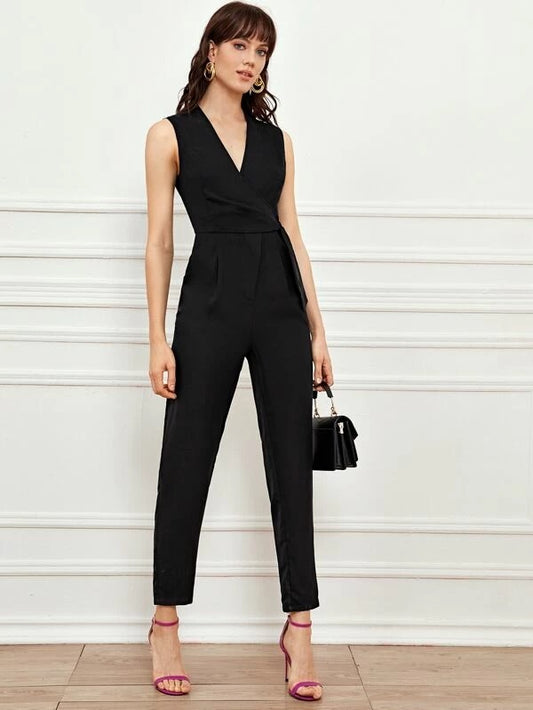 CM-JS212442 Women Elegant Seoul Style Surplice Neck Tie Side Sleeveless Solid Jumpsuit - Black