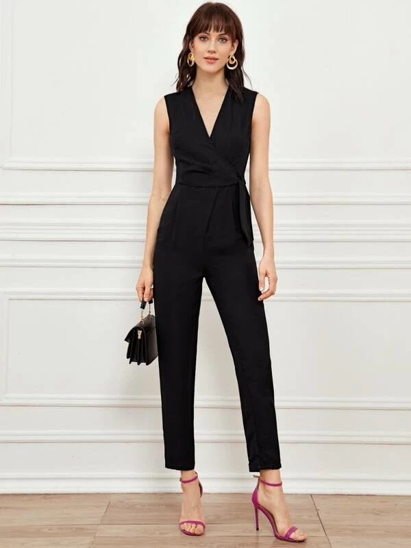 CM-JS212442 Women Elegant Seoul Style Surplice Neck Tie Side Sleeveless Solid Jumpsuit - Black