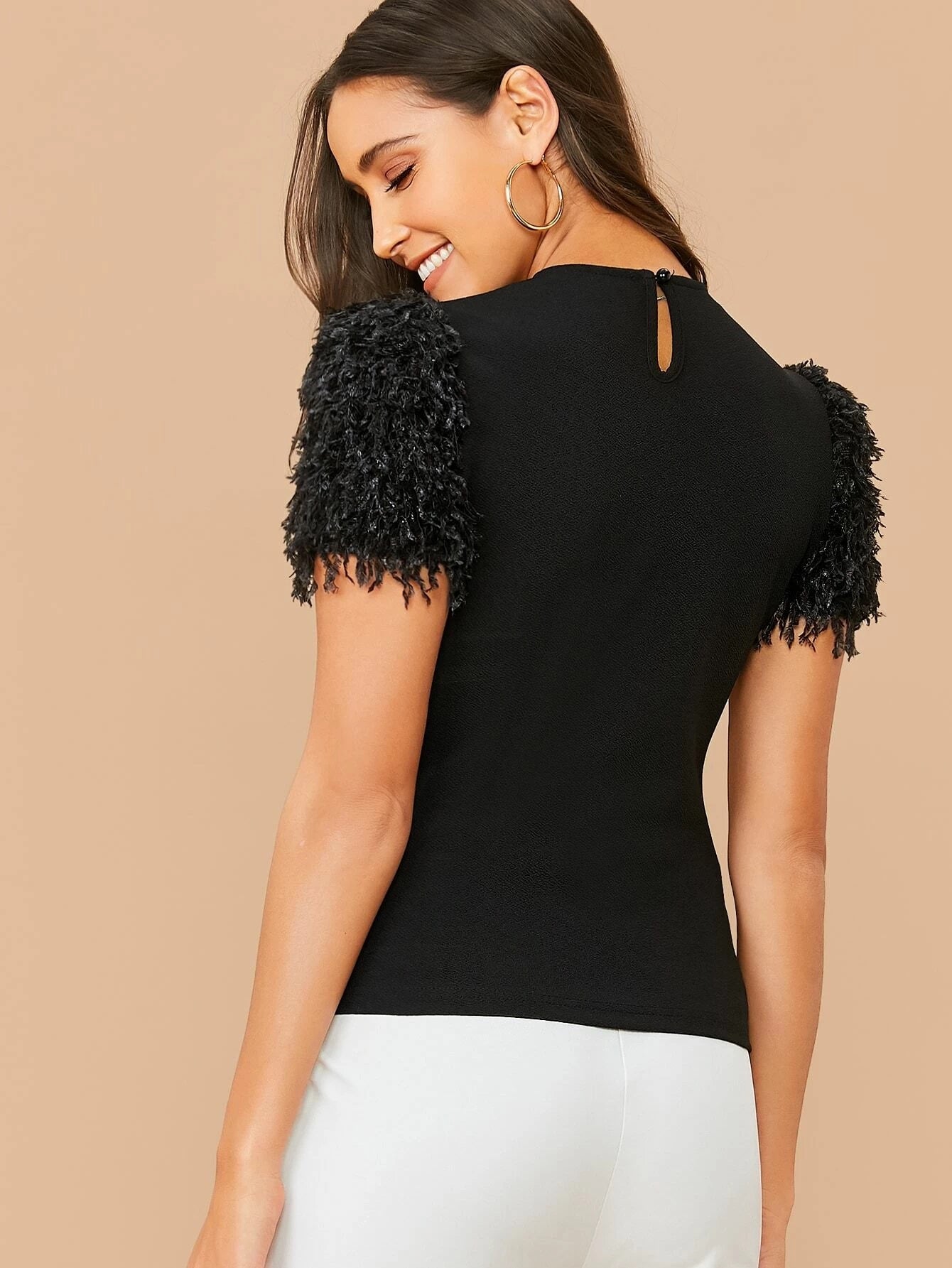 CM-TS226175 Women Casual Seoul Style Keyhole Back Fuzzy Sleeve Pearls Beaded Top