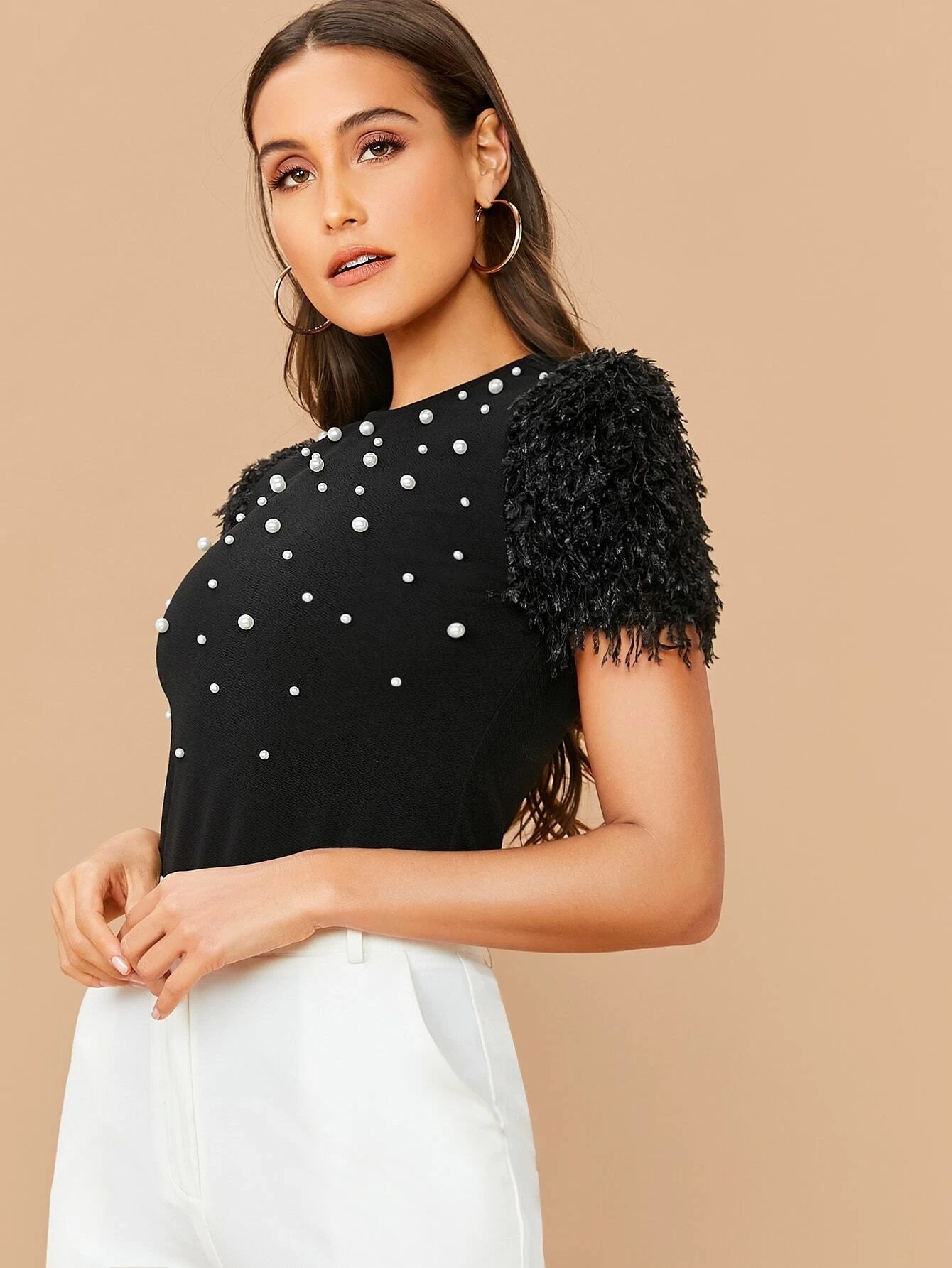 CM-TS226175 Women Casual Seoul Style Keyhole Back Fuzzy Sleeve Pearls Beaded Top