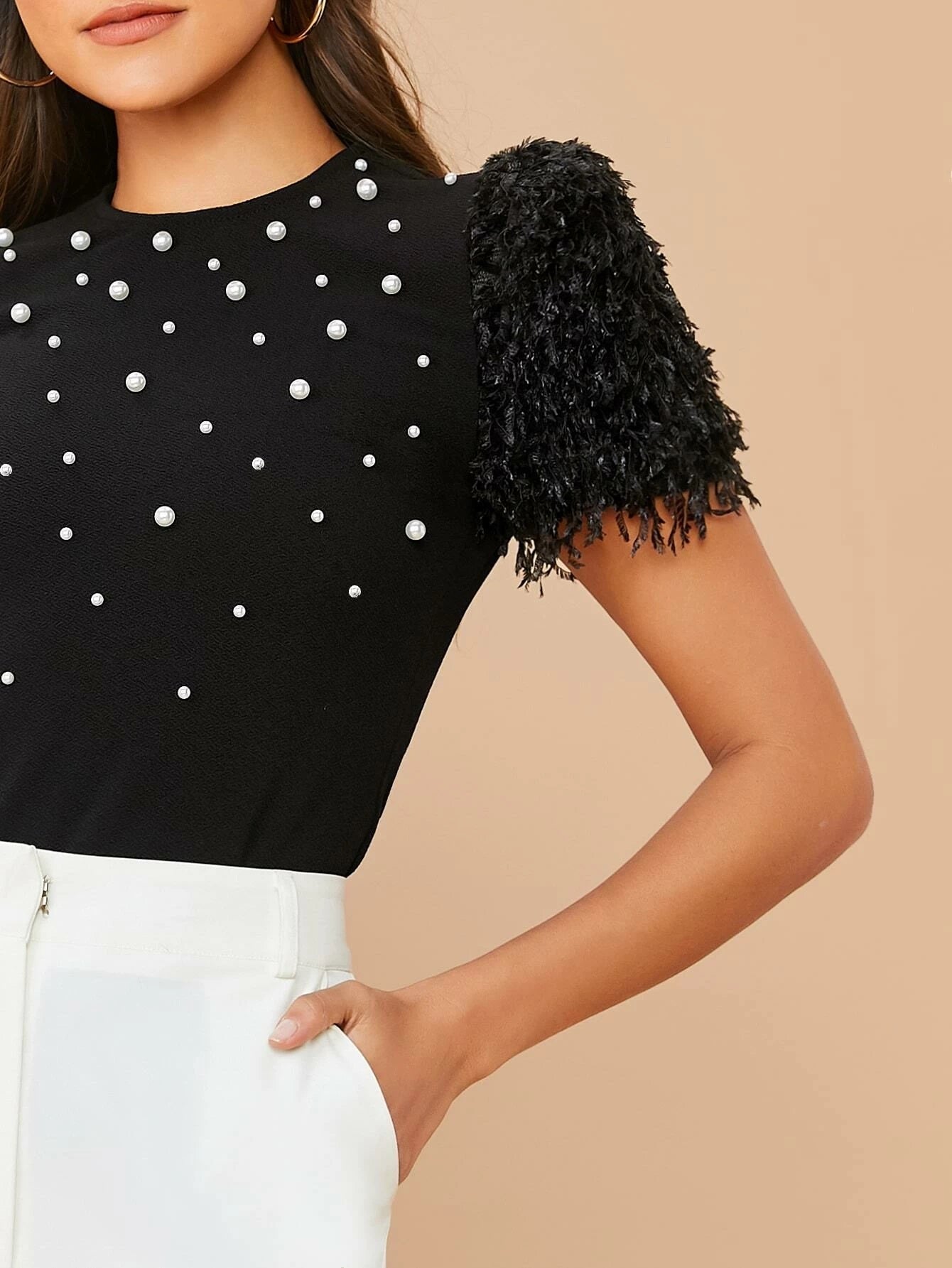 CM-TS226175 Women Casual Seoul Style Keyhole Back Fuzzy Sleeve Pearls Beaded Top