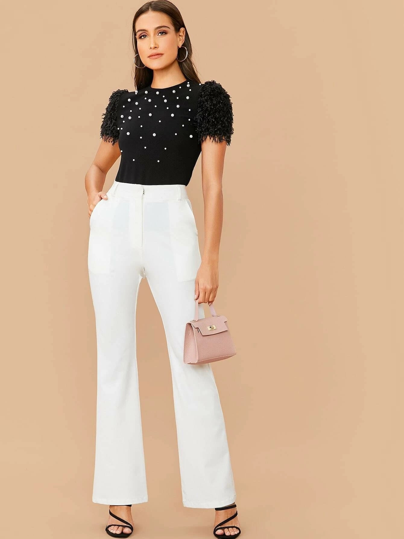 CM-TS226175 Women Casual Seoul Style Keyhole Back Fuzzy Sleeve Pearls Beaded Top
