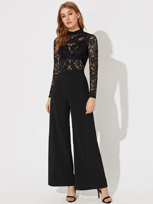 CM-JS129670 Women Elegant Seoul Style Mock-Neck Sheer Lace Bodice Wide Leg Jumpsuit - Black
