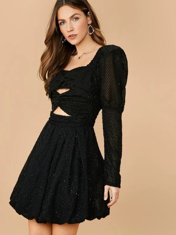 CM-DS210918 Women Elegant Seoul Style Gigot Sleeve Glitter Peekaboo Short Dress - Black