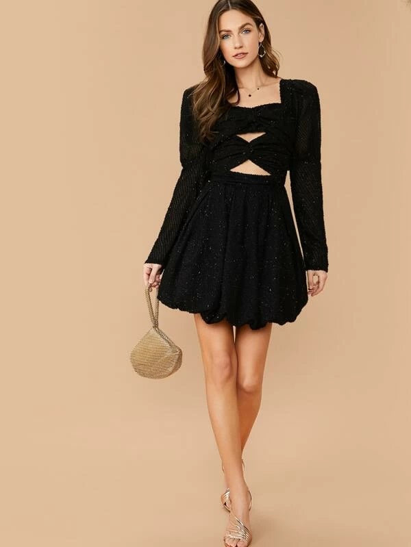 CM-DS210918 Women Elegant Seoul Style Gigot Sleeve Glitter Peekaboo Short Dress - Black