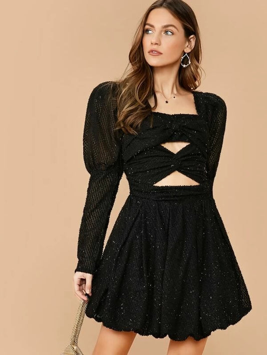 CM-DS210918 Women Elegant Seoul Style Gigot Sleeve Glitter Peekaboo Short Dress - Black
