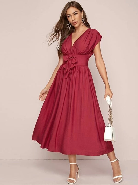 CM-DS226823 Women Casual Seoul Style Batwing Sleeve Tie Waist Solid A-Line Dress - Red