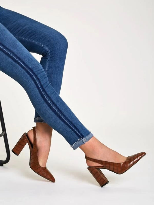CM-SHS230854 Women Casual Seoul Style Croc Embossed Point Toe Chunky Heels - Brown