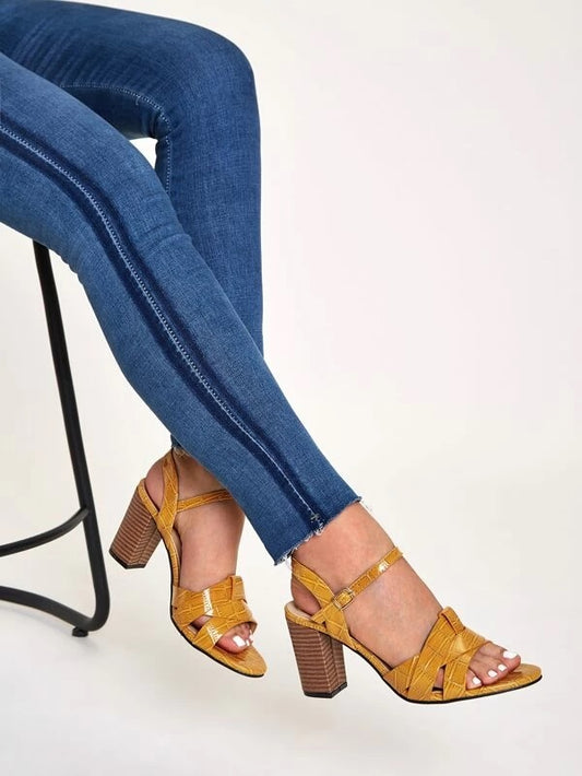 CM-SHS230343 Women Casual Seoul Style Open Toe Croc Embossed Chunky Heels - Brown