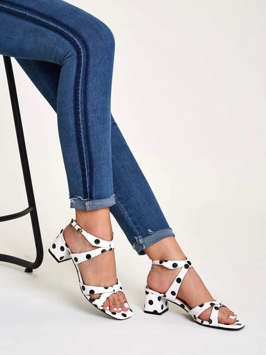 CM-SHS230177 Women Trendy Seoul Style Open Toe Polka Dot Ankle Strap Chunky Heels