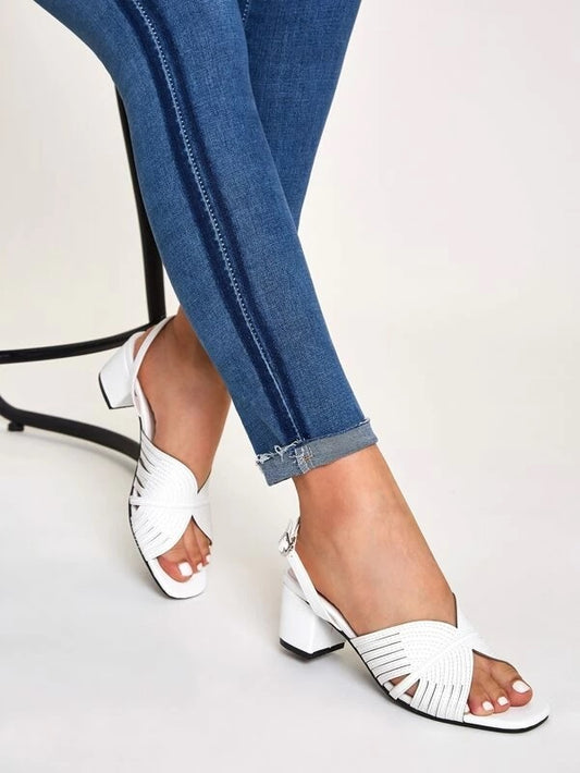 CM-SHS230220 Women Casual Seoul Style Open Toe Cut Out Slingback Chunky Heels - White