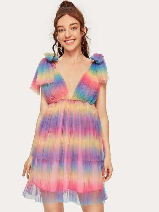 CM-DS225895 Women Elegant Seoul Style Deep-V-Neck Tiered Layer Mesh A-Line Dress