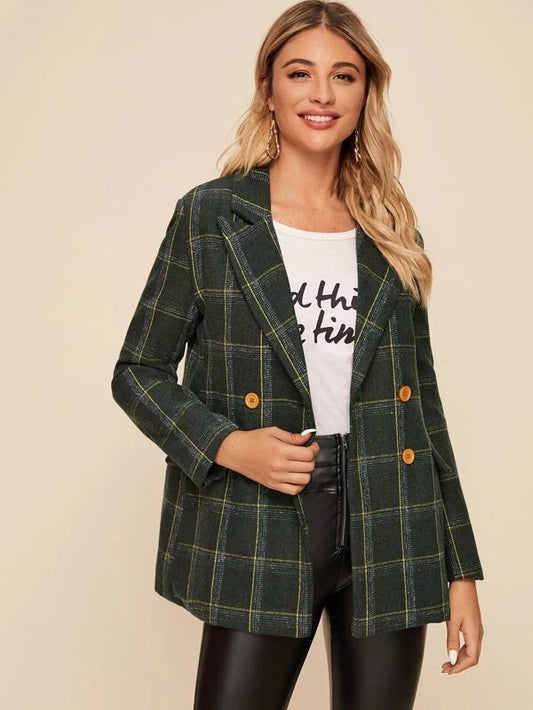 CM-CS230217 Women Elegant Seoul Style Plaid Lapel Neck Double Button Blazer - Green