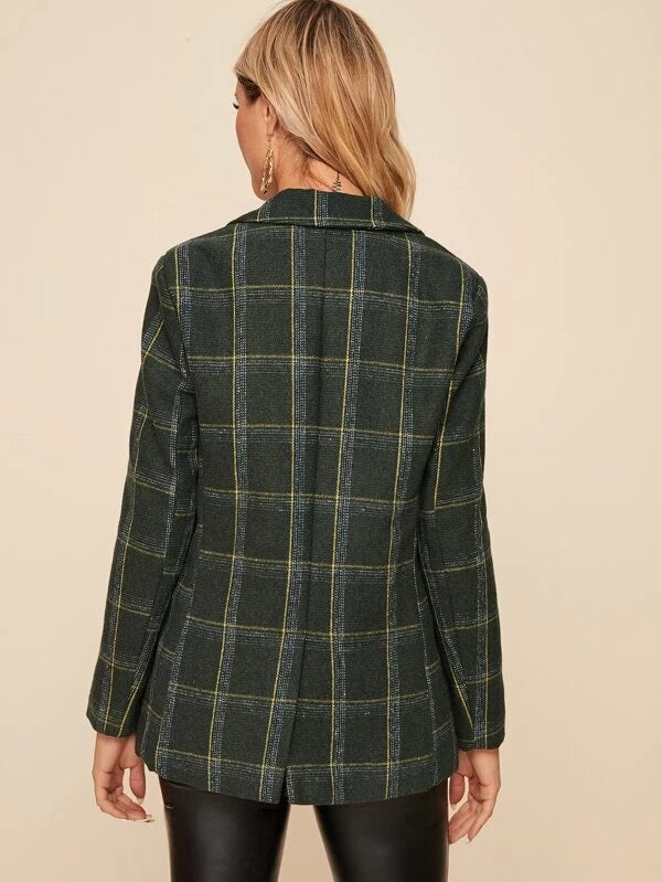 CM-CS230217 Women Elegant Seoul Style Plaid Lapel Neck Double Button Blazer - Green