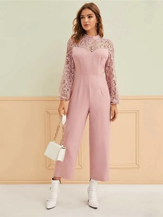 CM-JS116429 Women Elegant Seoul Style Long Sleeve Contrast Lace Keyhole Back Jumpsuit - Pink