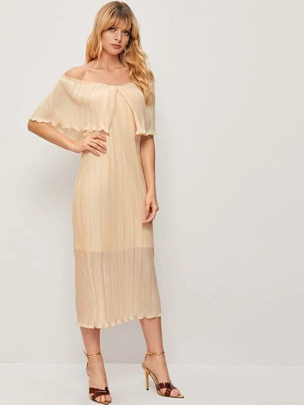 CM-DS230437 Women Elegant Seoul Style Off Shoulder Foldover Plisse Lettuce Trim Dress - Beige