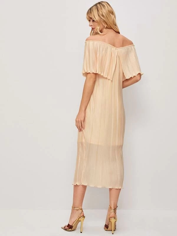 CM-DS230437 Women Elegant Seoul Style Off Shoulder Foldover Plisse Lettuce Trim Dress - Beige