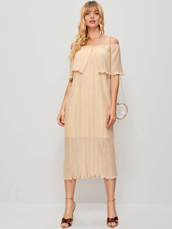 CM-DS230437 Women Elegant Seoul Style Off Shoulder Foldover Plisse Lettuce Trim Dress - Beige