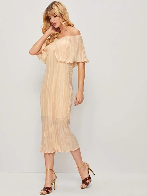 CM-DS230437 Women Elegant Seoul Style Off Shoulder Foldover Plisse Lettuce Trim Dress - Beige