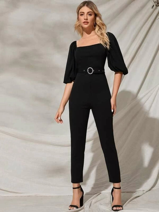CM-JS217942 Women Elegant Seoul Style Square Neck Puff Sleeve Belted Jumpsuit - Black