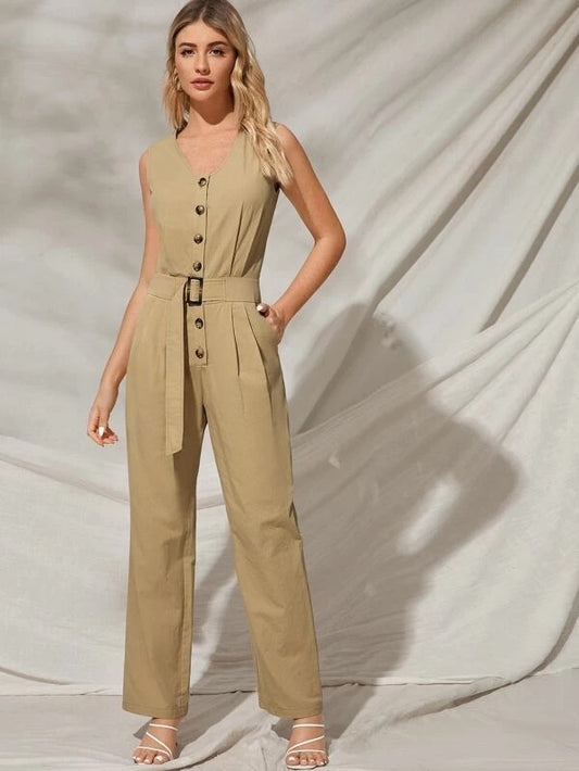 CM-JS227964 Women Casual Seoul Style Sleeveless Fold Pleated Slant Pocket Belted Jumpsuit - Khaki