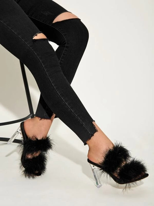 CM-SHS230619 Women Elegant Seoul Style Faux Fur Decor Open Toe Chunky Heeled Mules