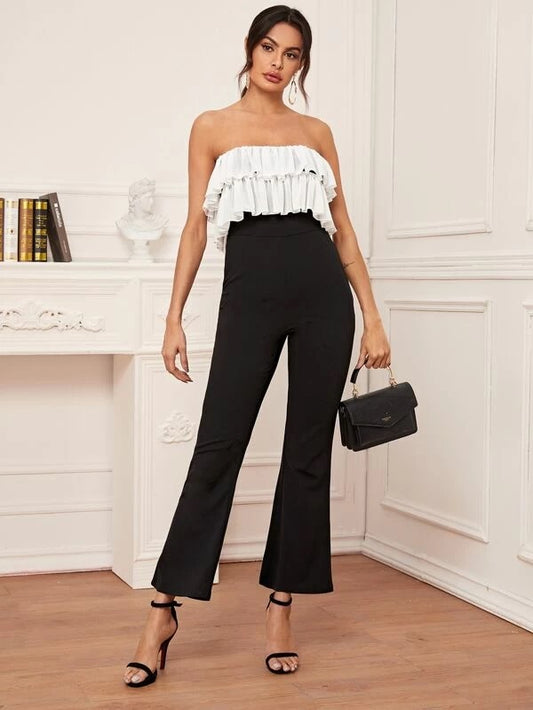 CM-JS211177 Women Elegant Seoul Style Contrast Ruffle Trim Flare Leg Tube Jumpsuit - Black