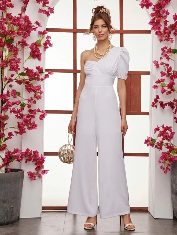 CM-JS217104 Women Elegant Seoul Style One Shoulder Puff Sleeve Palazzo Jumpsuit - White