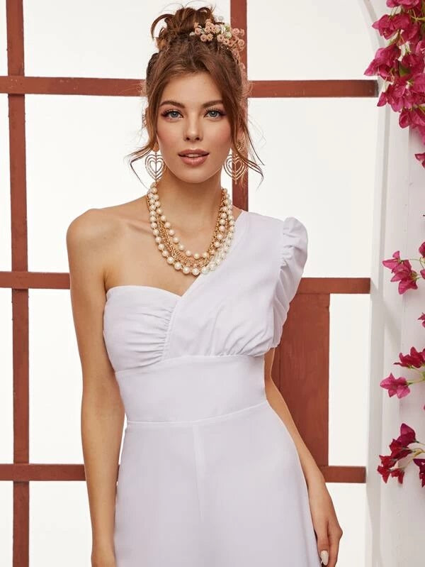 CM-JS217104 Women Elegant Seoul Style One Shoulder Puff Sleeve Palazzo Jumpsuit - White