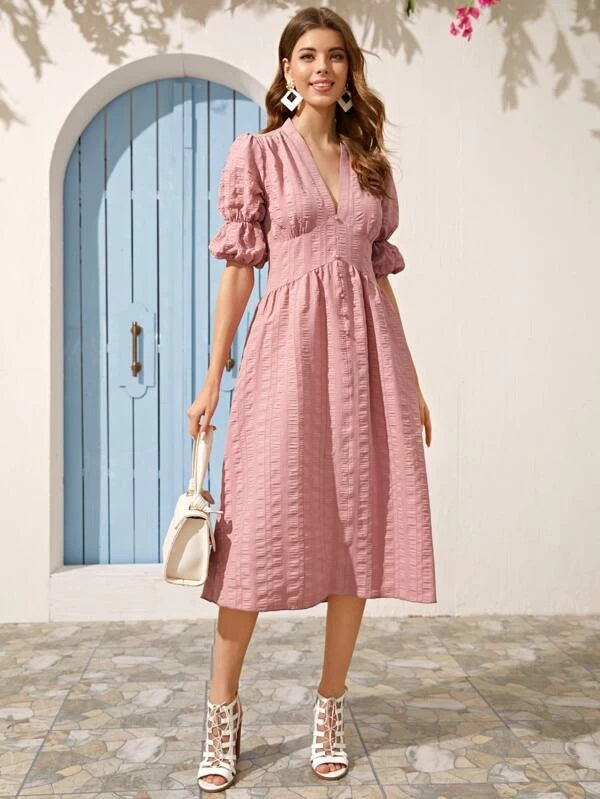 CM-DS202557 Women Casual Seoul Style V-Neck Button Front Puff Sleeve Textured Dress - Pink