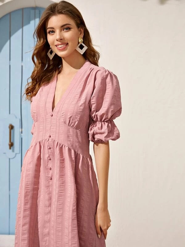 CM-DS202557 Women Casual Seoul Style V-Neck Button Front Puff Sleeve Textured Dress - Pink