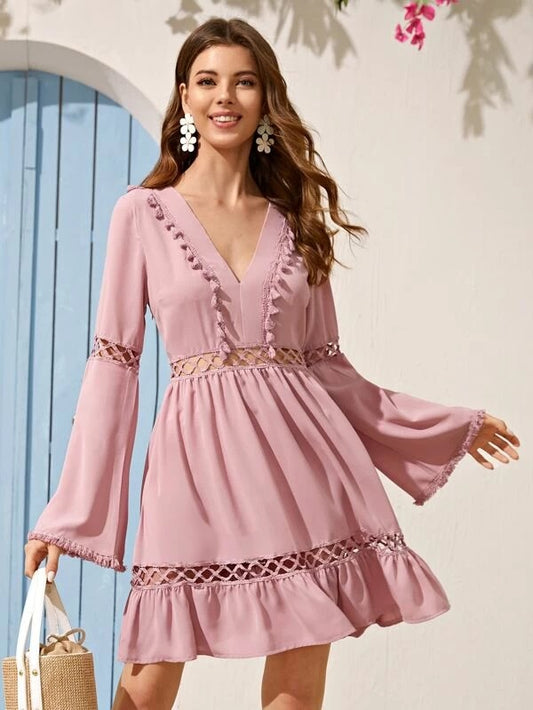 CM-DS204821 Women Casual Seoul Style Guipure Lace Insert Tassel Detail Bell Sleeve Dress - Pink