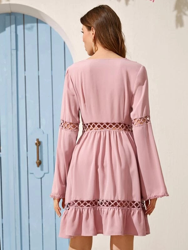 CM-DS204821 Women Casual Seoul Style Guipure Lace Insert Tassel Detail Bell Sleeve Dress - Pink