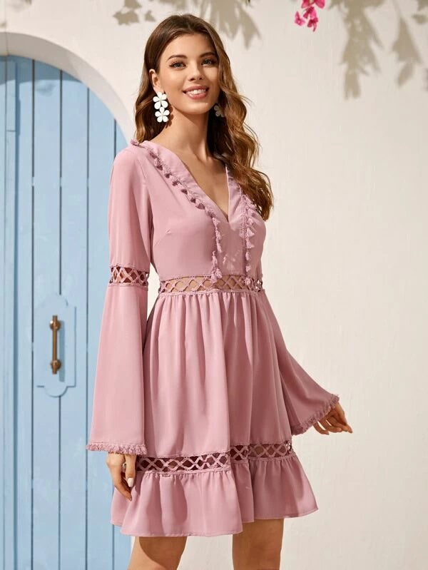 CM-DS204821 Women Casual Seoul Style Guipure Lace Insert Tassel Detail Bell Sleeve Dress - Pink
