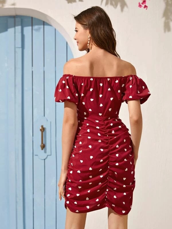 CM-DS211265 Women Casual Seoul Style Heart Print Puff Sleeve Ruched Off Shoulder Dress - Red
