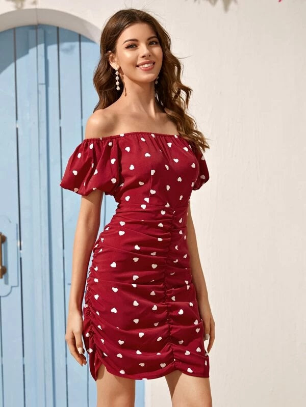 CM-DS211265 Women Casual Seoul Style Heart Print Puff Sleeve Ruched Off Shoulder Dress - Red