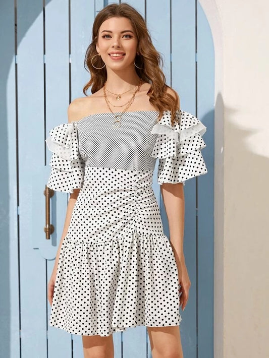CM-DS211957 Women Casual Seoul Style Layered Sleeve Ruched Polka Dot Bardot Dress - White
