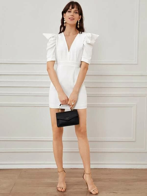 CM-DS114114 Women Casual Seoul Style Puff Sleeve V-Neck Cut-Out Back Short Dress - White