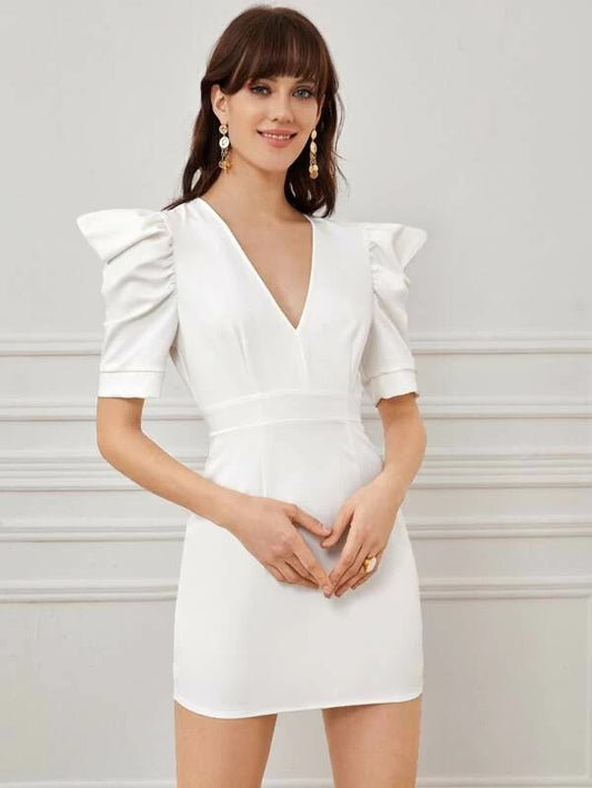 CM-DS114114 Women Casual Seoul Style Puff Sleeve V-Neck Cut-Out Back Short Dress - White
