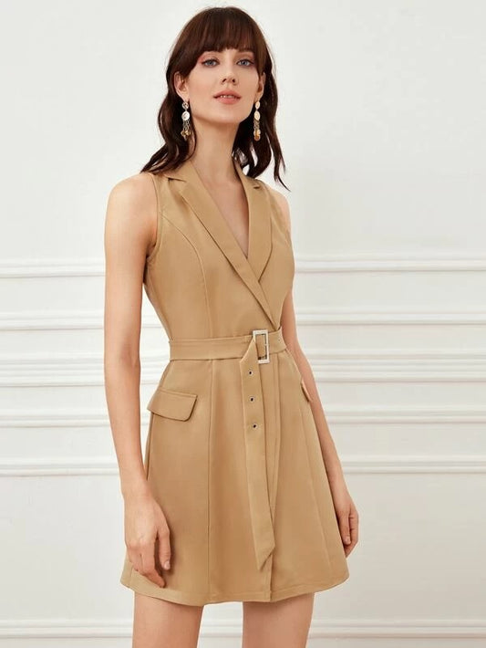CM-CS202811 Women Elegant Seoul Style Lapel Collar Belted Sleeveless Blazer Dress - Khaki