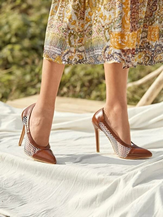 CM-SHS217999 Women Casual Seoul Style Fishnet Panel Stiletto Heels - Brown