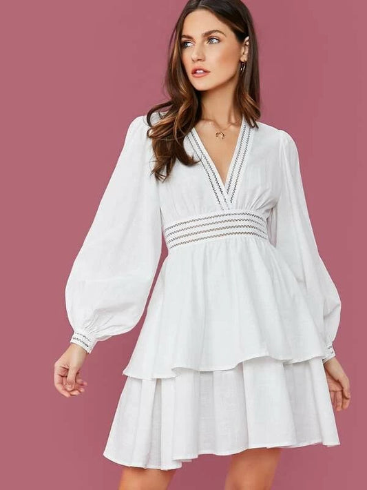 CM-DS212723 Women Elegant Seoul Style Eyelet Lace Insert Lantern Sleeve Layered Dress - White