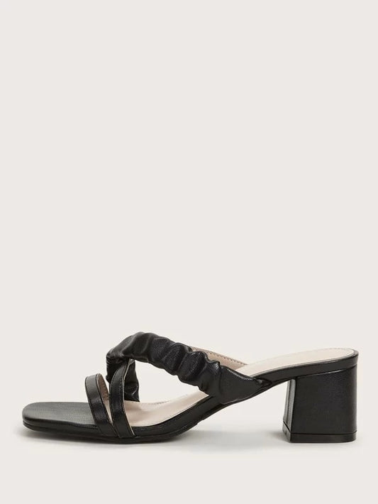 CM-SHS231199 Women Casual Seoul Style Ruched Cross Strap Open Toe Chunky Heeled Mules