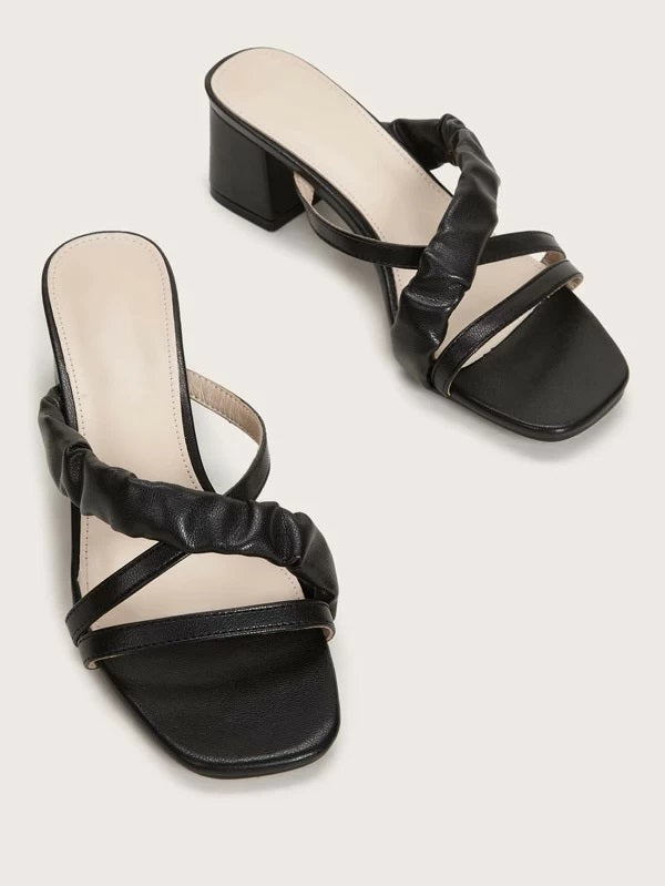 CM-SHS231199 Women Casual Seoul Style Ruched Cross Strap Open Toe Chunky Heeled Mules