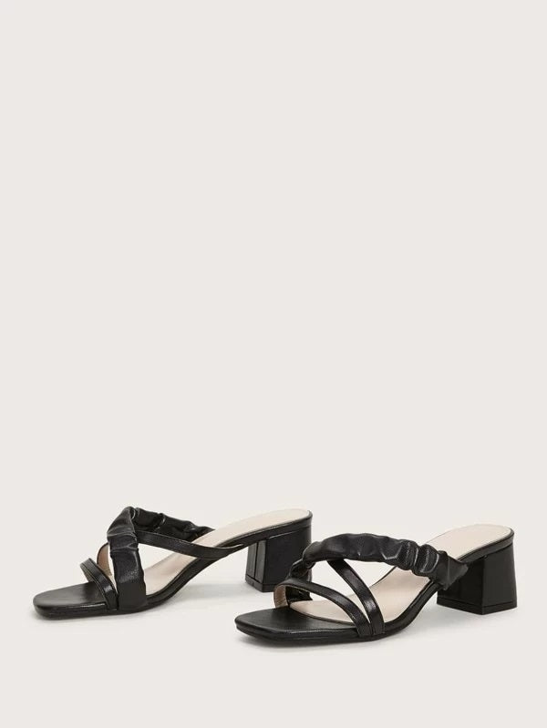 CM-SHS231199 Women Casual Seoul Style Ruched Cross Strap Open Toe Chunky Heeled Mules